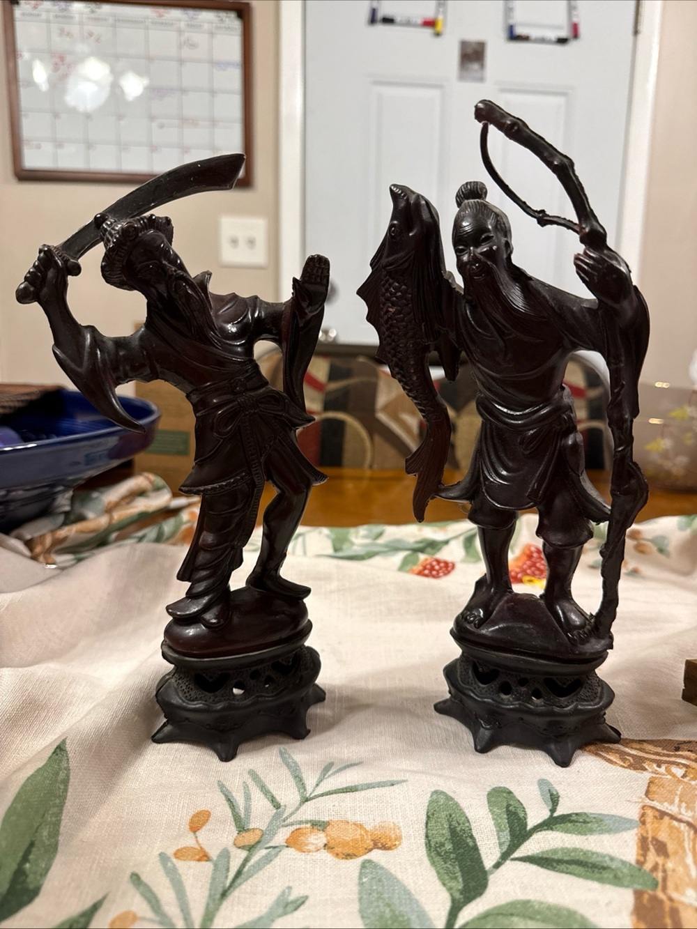 Pair of Chinese Warrior and Fisherman Figurines on Black Stands Hong Kong Marked